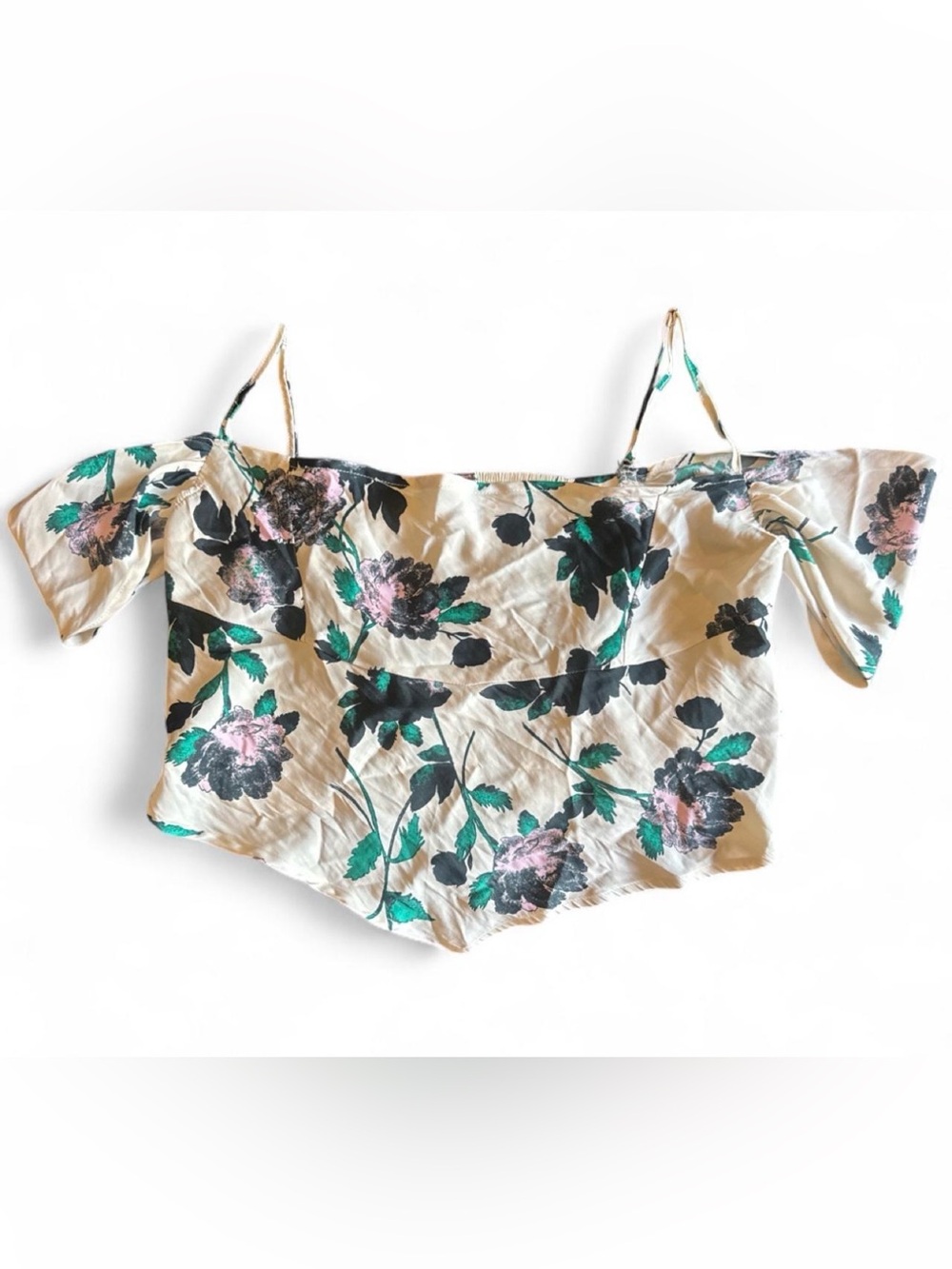 Free People Off Shoulder Blouse in Cream with Pink/Black & Green Flowers